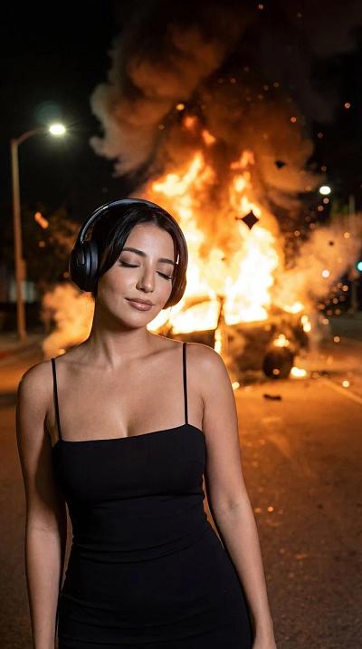 爆炸夜景中听歌的女子