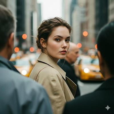 都市街拍：浅景深聚焦女性，背景虚化人群与暖光车流