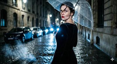 电影 noir 风格雨夜女性肖像：黑丝绒礼服与透明雨伞