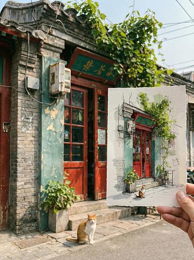 虚实交错：胡同与猫的手绘稿与真实场景对比