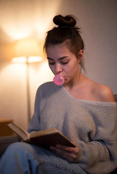 静谧阅读时光——少女吹泡泡糖的温馨夜晚