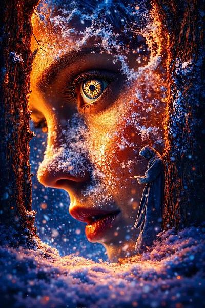 冰火交融的奇幻女性肖像，神秘金瞳与雪林共生