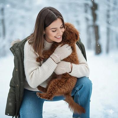 雪地里女子怀抱棕色小狗的温馨写真
