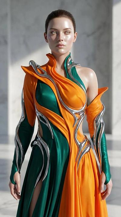 未来感生物形态礼服设计，展现自信与力量的AI女性形象