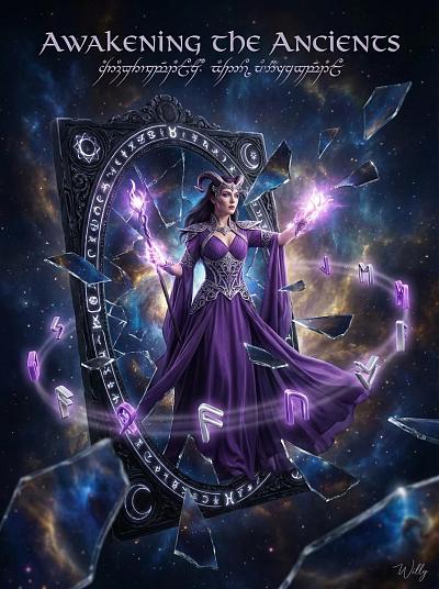 紫袍女巫破镜而出，星尘环绕，符文飞旋，唤醒远古之力。