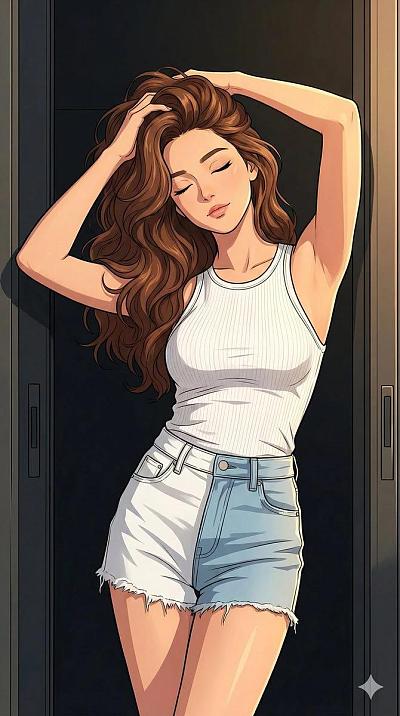 夏日少女倚墙静立，暖光勾勒柔美轮廓