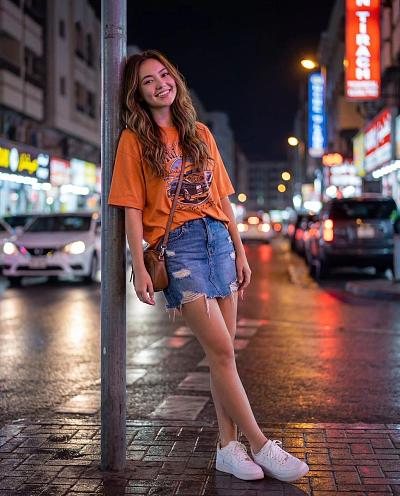 都市夜景街头少女写真，光影质感与时尚穿搭结合