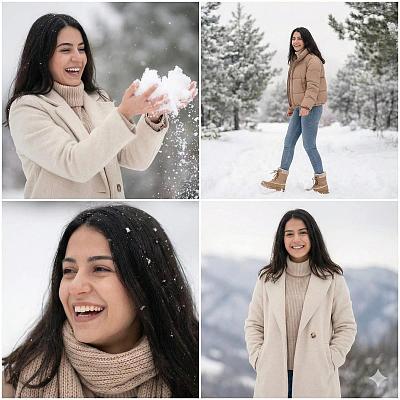 冬日雪景中优雅女性的温馨瞬间