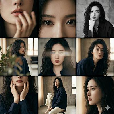 九宫格电影感人像拼贴：深蓝衬衫女性的光影叙事