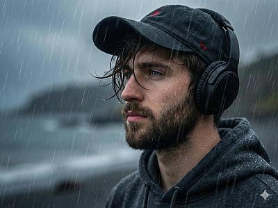 雨中沉思的男子侧影