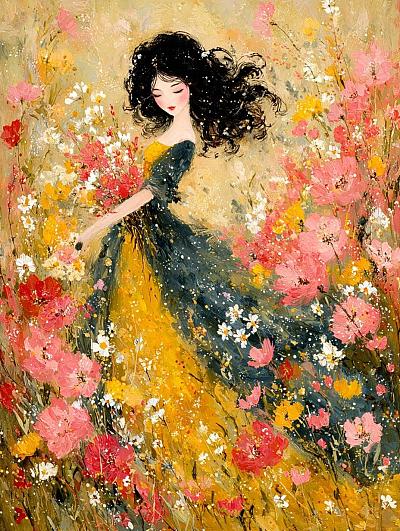花海中的梦幻少女油画