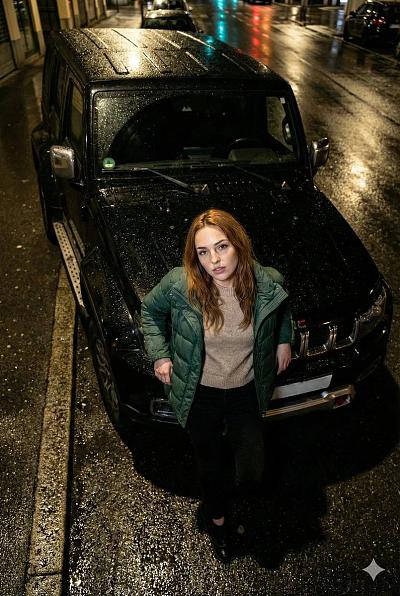 高角度夜拍女性倚靠黑色SUV，闪光灯下直视镜头