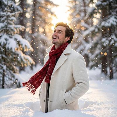 冬日雪景中微笑的男子肖像