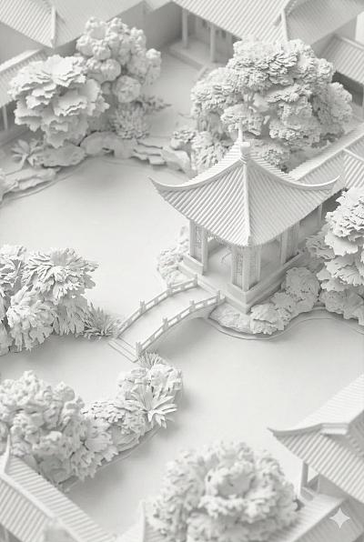 纯白纸艺中式园林微缩景观
