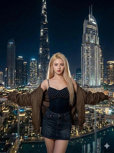 迪拜夜景下金发模特时尚写真，城市天际线背景