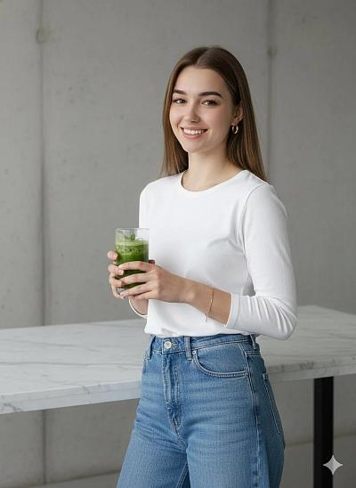 现代生活风格肖像：白衫牛仔持绿饮微笑女