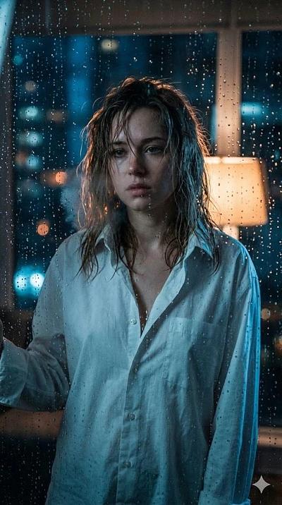 雨夜窗后少女的忧郁凝视