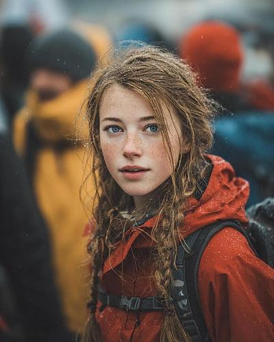雨中少女凝视镜头