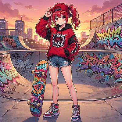 街头滑板少女，夕阳下的青春活力瞬间