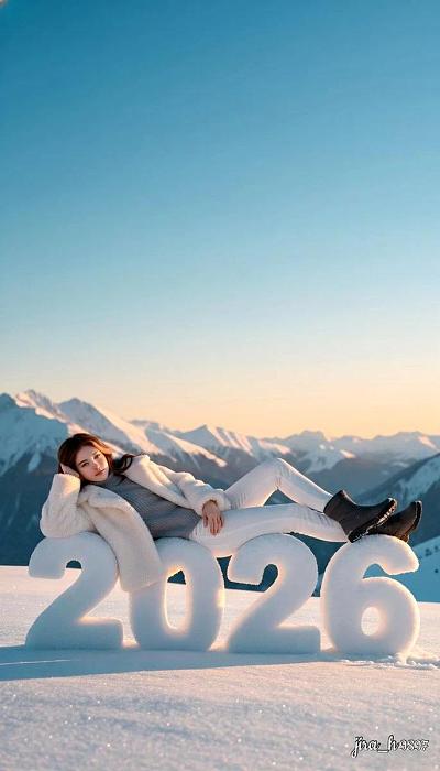 2026新年雪景写真：雪山之巅的优雅女性