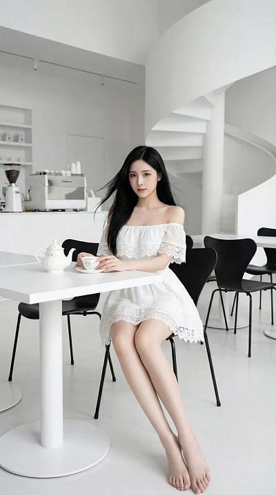 白色蕾丝裙女性咖啡厅优雅写真