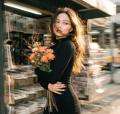 复古胶片风少女持花倚报亭，朦胧光影中尽显魅惑与甜美