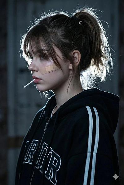 叛逆少女侧脸肖像，带创可贴与棒棒糖，街头风连帽衫，戏剧光影