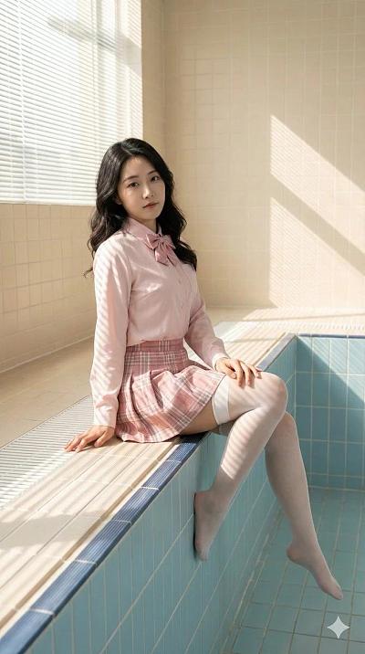 少女泳池边坐姿写真，粉系校服风，光影自然