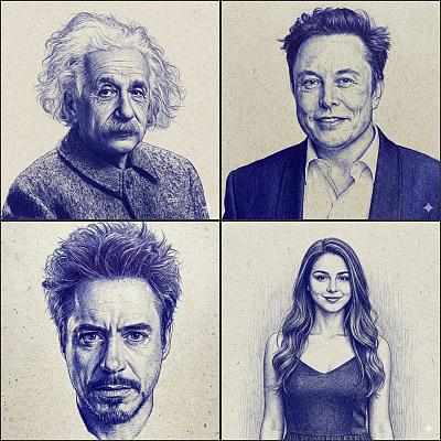 超写实蓝笔素描肖像