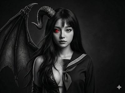 人类与魅魔融合的超现实电影感肖像