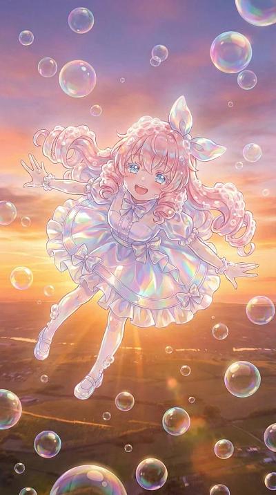 泡泡少女梦幻漂浮黄昏场景