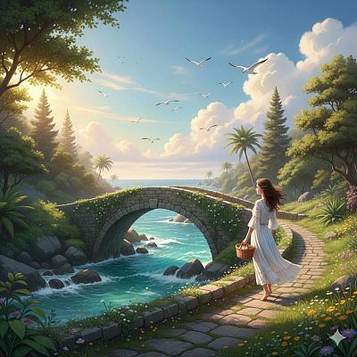 梦幻海滨石桥少女漫步图