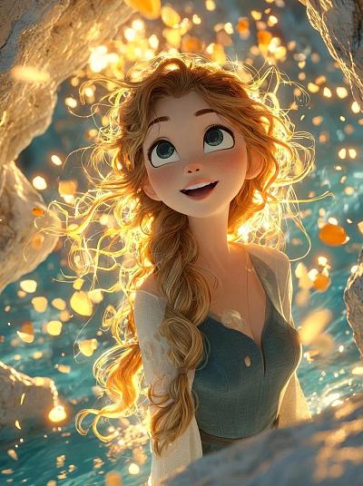 梦幻3D动画少女，金光环绕，童话氛围，高细节 Pixar 风