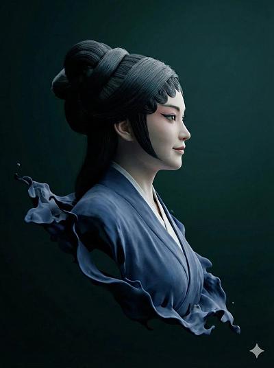 超现实东方美学青衣仕女3D水墨渲染