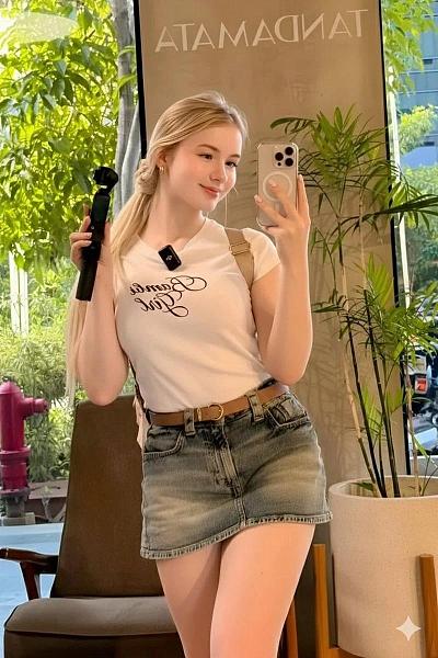 金发少女咖啡馆自拍，手持手机与稳定器，休闲时尚穿搭