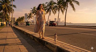 巨女漫步海滨公路，袖珍分身同行