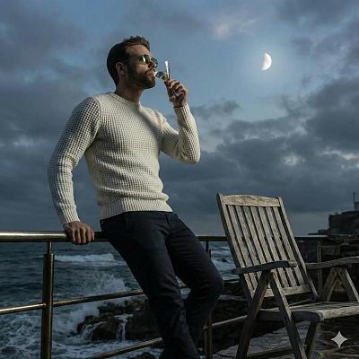 海边露台独酌，月夜云影下的沉思与优雅