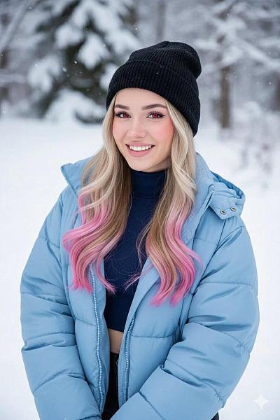 雪地粉发少女微笑写真，红瞳蓝衣冬日氛围