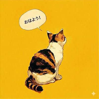 猫咪说早安，狗狗困惑回应，漫画式对话场景