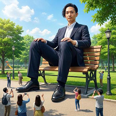 巨型男子坐公园长椅引围观拍照