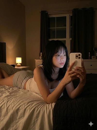 夜晚卧室中俯卧自拍的女性写实场景