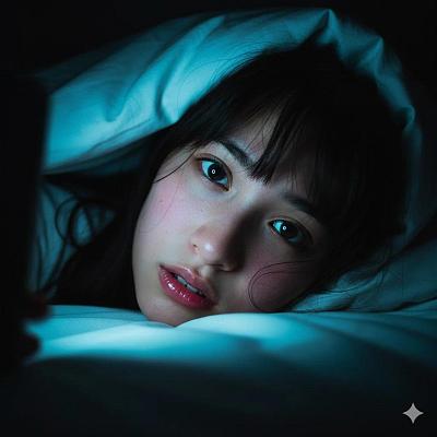 深夜被窝中的手机屏光特写，营造私密心动氛围