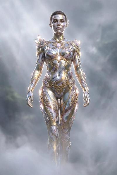 金属幻女神像，雾中圣洁威严立