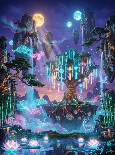 韩风奇幻浮山秘境，光影交织如阿凡达仙境