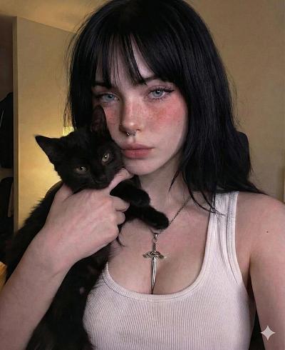 黑发少女抱黑猫自拍