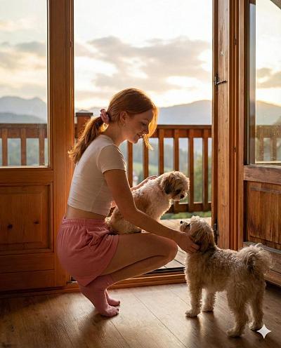 夕阳木屋中少女与爱犬温馨互动瞬间
