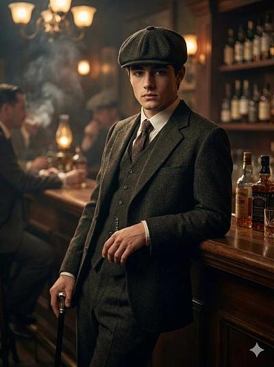 复古酒吧中身着Peaky Blinders风格西装的青年肖像