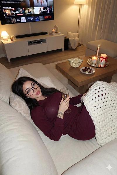 温馨居家夜晚，女子沙发小憩品酒观剧