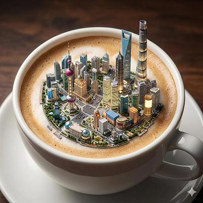 咖啡杯中的微缩城市奇景