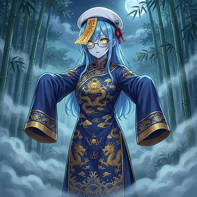 月夜竹林中的封印古妖少女